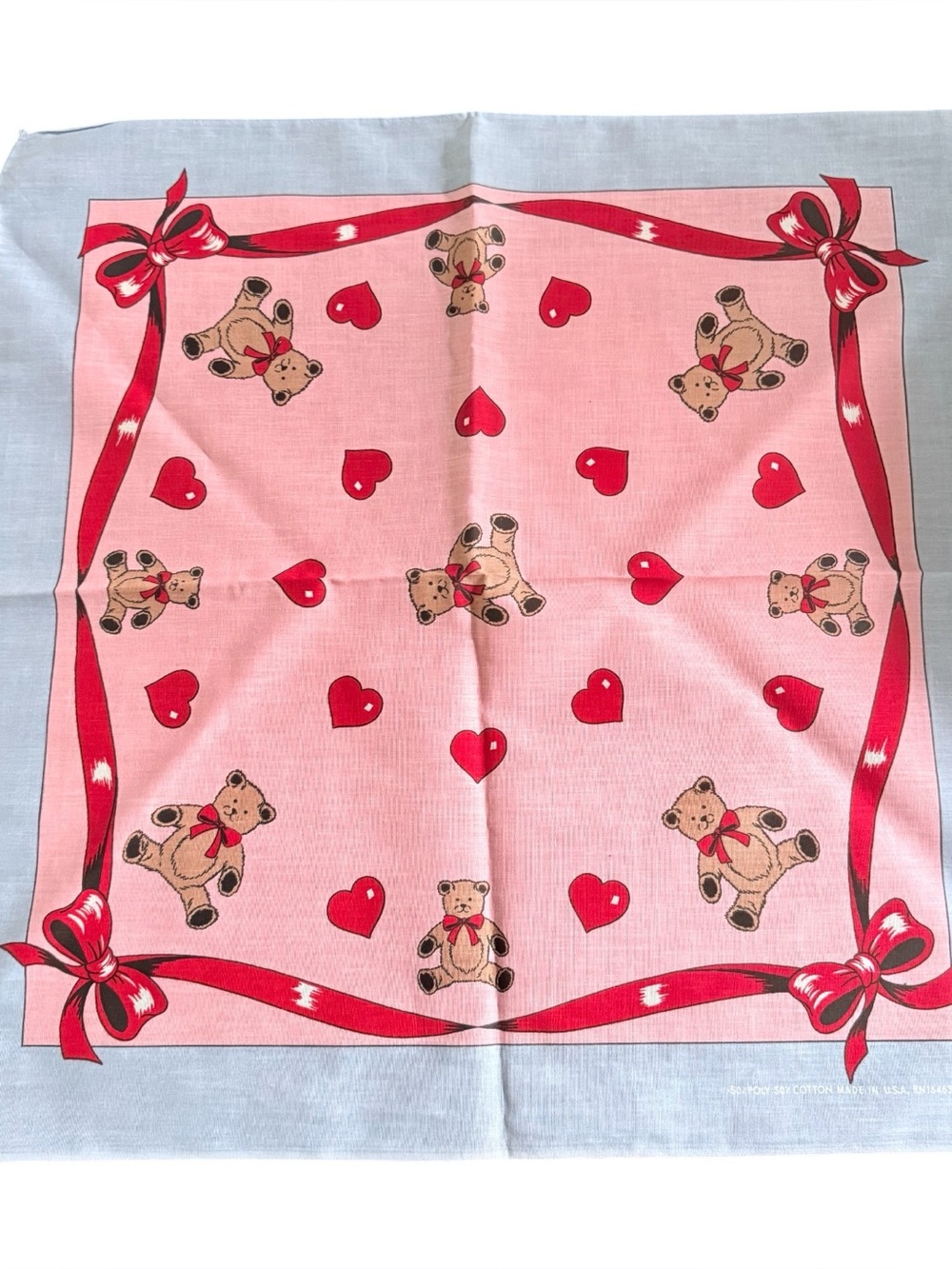 Vintage 90s Cute Teddy Bear Print Bandana Pink & Blue Made in USA